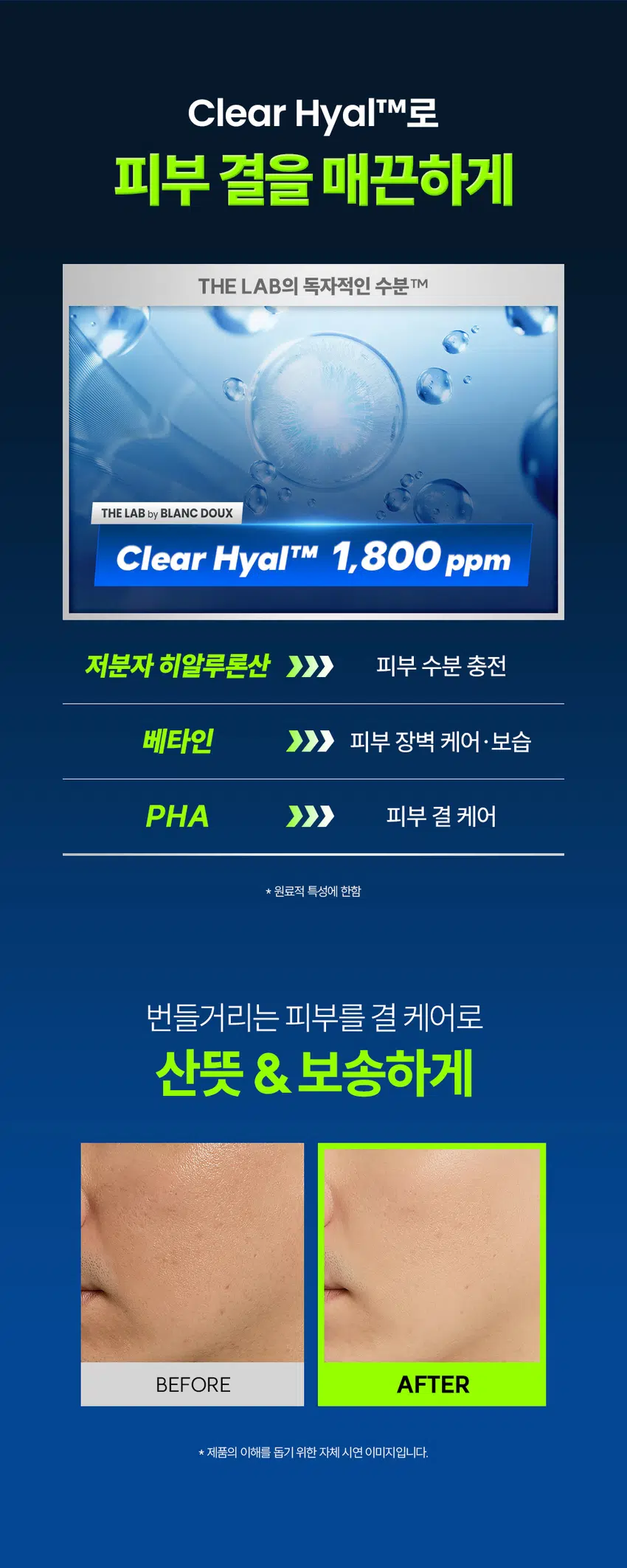 거칠고 푸석한 남자 피부에는  
클리어 히알 옴므 토너  
빠른 수분 공급과 결 케어로 피부를 산뜻하게  
DOUX BLANC  
by LAB THE  
Clear HOMME TONER  
RECOMMEND  
이런 토너를 찾는 남성분들께 추천합니다!  
확실한 수분으로 빠르게 촉촉함 UP  
피부 결이 지저분해 보일 때  
면도 후 자극받은 피부 진정  
끈적임 없이 가벼운 마무리감  
거친 피부 고민에 맞춘  
수분 토너의 POINT  
덧바름에 의한  
피부  
일차  
수분  
자극  
Clear  
레이어링(누적) 테스트  
테스트  
TONER  
완료  
Hyal  
완료  
POINT 01  
밀도 높은 수분 공급으로 촉촉함만 가득!  
바르면 바를수록 채워지는 N겹 수분으로  
촉촉하고 당기지 않는 피부로 완성  
POINT 02  
보송하고 매끈한 피부결로 완성  
피지에 민감한 남성 피부에  
Clear HyalTM 1,800 ppm으로 결 개선  
POINT 03  
피부 자극 0.00% 무자극 판정  
매일 사용해도 부담 없이  
일차 피부 자극 테스트 완료  
*시험 명: 덧바름에 의한 피부 수분 레이어링(누적)효과 / 기관: 한국피부과학연구원 /  
시험 기간: 2025 06, 19 / 시험 인원: 성인남녀 21명 대상 ★ 개인차 있을 수 있음  
*시험 명: 피부첩포에 의한 피부 일차 자극 평가에 대한 인체적용시험 / 시험기관: 한국피부과학연구원 /  
시험기간: 2025.06.23 / 시험인원: 성인남녀 32명 대상 ★ 개인차 있을 수 있음  
POINT 01  
바르면 바를수록  
채워지는 N겹 수분  
N겹 수분충전  
140.33%  
140  
130  
120  
110  
100  
102.31%  
90  
1회 사용 직후 3회 사용 후  
· 시험 명: 덧바름에 의한 피부 수분 레이어링(누적)효과에 대한 인체적용시험 / 기관: 한국피부과학연구원 /  
시험기간: 2025.06.19 / 시험 인원: 성인남녀 21명 대상  
피부 깊은 곳까지 수분을 전달하는  
Clear HyalTM  
POINT 02  
피지 분비량이 많고  
민감한 남성 피부  
유수분 밸런스가  
건강한 피부  
무너진 피부  
거칠고 푸석한 남성 피부 고민에 맞춘  
진짜 수분 토너  
BLANC.DOUX  
Clear/Hial  
HOMME TONER  
원외부 수분 레이어링(누적) 테스트 완료  
피부 일차 자극 테스트 완료  
200 ml 6.76 floz.  
피지분비 거친피부 적은 수분량  
Clear HyalTM로  
피부 결을 매끈하게  
THE LAB의 독자적인 수분TM  
THE LAB by BLANC DOUX  
Clear HyalTM 1,800 ppm  
저분자 히알루론산 피부 수분 충전  
베타인 피부 장벽 케어 보습  
PHA 피부 결 케어  
★ 원료적 특성에 한함  
번들거리는 피부를 결 케어로  
산뜻 & 보송하게  
BEFORE AFTER  
★ 제품의 이해를 돕기 위한 자체 시연 이미지입니다.  
POINT 03  
매일 사용해도  
피부자극 0.00%  
'대입 바이 블랑두 클리어 히알 옴므 올인원 에멀전 외 4층'의  
피부첩포에 의한 피부 일차 자극 평가에 대한 인체적용시험  
시험대상자 32명을 대상으로 피부첩포시험을 한 결과는 다음과 같다(표 40).  
1) 시험물질 #1은 첩포 제거 후 30분, 24시간, 48시간 경과 후에 자극이 관찰되지 않았다.  
피부반응도는 0.00으로 판정기준에 따라 무자극으로 판정되었다.  
2) 시험물질 #2는 첩포 제거 후 30분, 24시간, 48시간 경과 후에 자극이 관찰되지 않았다.  
평균 피부반응도는 0.00으로 판정기준에 따라 무자극으로 판정되었다.  
3) 시험물질 #3은 첩포 제거 후 30분, 24시간, 48시간 경과 후에 자극이 관찰되지 않았다.  
평균 피부반응도는 0.00으로 판정기준에 따라 무자극으로 판정되었다.  
4) 시험물질 #4는 첩포 제거 후 30분, 24시간, 48시간 경과 후에 자극이 관찰되지 않았다.  
평균 피부반응도는 0.00으로 판정기준에 따라 무자극으로 판정되었다.  
5) 시험물질 #5는 첩포 제거 후 30분, 24시간, 48시간 경과 후에 자극이 관찰되지 않았다.  
평균 피부반응도는 0.00으로 판정기준에 따라 무자극으로 판정되었다.  
THE LAB by BLANC DOUX  
시험물질 피부반응도 평균  
시험물질명 반응자수  
번호 30분 경과 24시간 경과 48시간 경과 피부반응도  
더랩 바이 블랑두 클리어 히알 옴므 토너 #4 0 0.0 0.0 0.0 0.00  
다15 바이 블랑두 클리어 히알 옴므 토너 #5 0 0.0 0.0 0.0 0.00  
더랩 바이 블랑두 클리어 히알 옴므 클렌징 폼 #6 0 0.0 0.0 0.0 0.00  
Denilled (Negative control) #7 0 0.0 0.0 0.0 0.00  
본 보고서는 「저작권법」 및 「영업비밀보호에 관한 법률」에 의거 한국피부과학연구원의 재산이므로  
제3자에게 무단으로 양도, 열람, 인용 공개, 복제 및 전송할 수 없습니다.  
한국피부과학연구원 10  
일차 피부 자극 테스트 완료  
#저자극 #성분 스크리닝 완료  
기관명 한국피부과학연구원  
시험 기관 2025년 6월 23일  
대상 시험대상자 선정 및 제외 기준을 만족하는 23~65세의 성인 남녀 32명  
HOW TO USE  
1. 아침, 저녁 세안 후 손바닥에 적당량을 덜어주세요.  
2. 피부 결에 따라 얼굴 안쪽에서 바깥쪽으로  
가볍게 톡톡 두드리며 흡수시켜 주세요.  
TIP  
듬뿍 발라도 끈적임 없이 빠르게 흡수돼요!  
화장 솜에 듬뿍 적셔서 얼굴에 올려놓으면  
마스크 팩으로도 사용하실 수 있어요.  
남자들의 클리어 히알 옴므  
수분 데일리 루틴  
STEP1 STEP 2 STEP 3 STEP 4  
클리어 히알 옴므 클렌징폼 → 클리어 히알 옴므 토너 → 클리어 히알 옴므 올인원 에멀전 → 클리어 히알 옴므 선크림  
#뽀득 클렌저 #피부 결 개선 #수분 잠금 #끈적임 제로 #4 MIX 올인원  
TEXTURE  
잔여감 + 끈적임 없이  
산뜻한 워터리 제형  
THE LAB by BLANC DOUX  
잔여감 없이 깔끔하고 빠르게 피부에 흡수  
본 상품 정보(상품 상세, 상품 설명 등)의 내용은 협력사가 직접 등록한 것 입니다.  
상품정보제공 고시  
제품명 더랩 바이 블랑두 클리어 히알 옴므 토너 200ml  
용량 또는 중량 200 ml / 6.76fl. oz.  
제품 주요 사양 모든 피부타입  
사용기한 또는 개봉 전 36개월, 개봉 후 12개월  
개봉 후 사용 기간  
사용방법 본품 적당량을 취해 피부에 골고루 펴 바른다  
제조업자 및 화장품 제조업자: 리봄화장품(주)  
책임(제조)판매업자 화장품책임판매업자: (주)에런케이  
제조국 대한민국  
화장품법에 따라 정제수, 다이프로필렌글라이콜, 하이드플라이즈드하이알루로닉애씨드(300 ppm),  
기재 표시하여야 하는 베타인, 글루코노락톤, 글리세린, 하이드록시아세토제논,카프릴릴글라이콜,  
모든 성분(전성분) 하이드록시에틸우레아, 메틸프로판다이올, 에틸헥실글리세린, 소듐시트레이트,  
시트 릭애씨드, 스테아레스-30. 부틸렌글라이콜, 베타-글루칸,  
다이포타슘글리시리제이트  
식품의약안전처  
무  
심사 필 유무(기능성화장품)  
용법/용량  
사용시의 주의사항  
1. 화장품 사용 시 또는 사용 후 직사광선에 의하여 사용부위가 붉은 반점, 부어오름  
또는 가려움증 등의 이상 증상이나 부작용이 있는 경우에는 전문의 등과 상담할 것  
2. 상처가 있는 부위 등에는 사용을 자제할 것  
3. 보관 및 취급 시 주의사항  
가) 어린이의 손이 닿지 않는 곳에 보관할 것  
나) 직사광선을 피해서 보관할 것  
품질보증기준 본 제품에 이상이 있을 경우 공정거래위원회 고시  
"소비자분쟁해결기준"에 의하여 보상해 드립니다.  
소비자상담  
더랩 바이 블랑두 고객센터 / 02-544-5996  
관련 전화번호