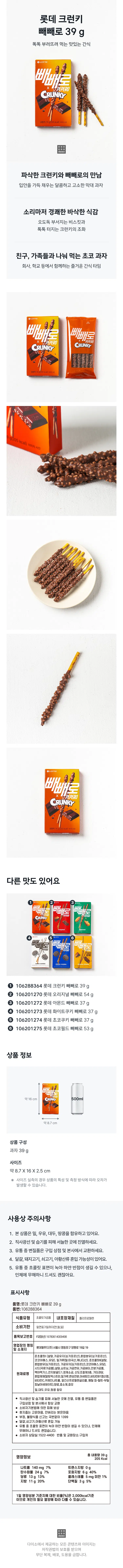 롯데 크런키 빼빼로 39g
똑똑 부러뜨려 먹는 맛있는 간식
빼빼로
PEPERO
CRUNKY
osiopo
파삭한 크런키와 빼빼로의 만남
입안을 가득 채우는 달콤하고 고소한 막대 과자
소리마저 경쾌한 바삭한 식감
오도독 부서지는 비스킷과
톡톡 터지는 크런키의 조화
친구, 가족들과 나눠 먹는 초코 과자
회사, 학교 등에서 함께하는 즐거운 간식 타임
빼빼로 빼빼로
CRUNKY CRUNKY
빼빼로
PEPERO
CRUNKY
다른 맛도 있어요
① 106288364 롯데 크런키 빼빼로 39g
② 106201270 롯데 오리지널 빼빼로 54g
③ 106201272 롯데 아몬드 빼빼로 37g
④ 106201273 롯데 화이트쿠키 빼빼로 37g
⑤ 106201274 롯데 초코쿠키 빼빼로 37g
⑥ 106201275 롯데 초코필드 빼빼로 53g
상품 정보
빼
약16cm 500ml
약8.7cm
상품 구성
과자 39g
사이즈
약 8.7X16X2.5cm
※ 사이즈 실측의 경우 상품의 특성 및 측정 방식에 따라 오차가 발생할 수 있습니다.
사용상 주의사항
1. 본상품은 밀, 우유, 대두, 땅콩을 함유하고 있어요.
2. 직사광선 및 습기를 피해 서늘한 곳에 진열하세요.
3. 유통 중 변질품은 구입 상점 및 본사에서 교환하세요.
4. 달걀, 돼지고기, 쇠고기, 아황산류 혼입 가능성이 있어요.
5. 유통 중 초콜릿 표면이 녹아 하얀 반점이 생길 수 있으나, 인체에 무해하니 드셔도 괜찮아요.
표시사항
품명: 롯데 크런키 빼빼로 39g
품번: 106288364
식품유형: 초콜릿가공품
내포장재질: 폴리프로필렌
소비기한: 밑면표기일까지(연,월,일)
품목보고번호: F2(양산)19780614009498
영업장의 명칭 및 소재지: 롯데웰푸드(주) 서울시 영등포구 양평로 19길 19
원재료명:
픈초콜릿(셀링, 가공유지(싱가포르산), 혼합분유(싱가포르산), 코코아매스, 유당), 밀가루(밀:미국산, 캐나다산), 준초콜릿II(설탕, 혼합함유(싱가포르산), 가공유지(싱가포르산), 코코아파스, 유팅), 시드(곡류가공품), 설탕, 쇼트닝, 가공연유, 가공버터, 전분가공품, 맥아엑기스, 전지분골드1, 정제소금, 산도조절제3종, 기타과당, 혼합제제(말토덱스트린, 밀가루, 변성전분, 아세토인, 비타민B1염산염, 비타민C, 카제인나트륨, 알긴산프로필렌글리콜, 메틸 피-털트-부틸 피닐아세테이트), 향료, 효소제, 효모
밀, 대두, 우유, 땅콩 함유
직사광선 및 습기를 피해 서늘한 곳에 진열, 유통중 변질품은 구입상점 및 본사에서 항상 교환
소비자기본법에 의한 피해 보상
휴지줍는 고운마음, 안버리는 밝은마음
부정, 불량식품 신고는 국번없이 1399
달걀, 쇠고기, 아황산류 혼입 가능
유통 중 초콜릿 표면이 녹아 하얀 반점이 생길 수 있으나, 인체에 무해하니 드셔도 괜찮습니다.
소비자상담실: 1522-4400
반품 및 교환장소: 구입처
영양정보 총 내용량: 39g
열량: 199kcal
나트륨: 140mg 7%
트랜스지방: 0g
탄수화물: 24g 7%
당류: 13g 13%
단백질: 3g 5%
지방: 11g 20%
포화지방: 6g 40%
콜레스테롤: 5mg 미만(1%)
※ 오타 보정:
- "생기포르산" → "싱가포르산"
- "유팅" → "유당"
- "CRUNKY" 중복 문구 정리
- 숫자 단위 통일(g, cm)
- "오도독 부서지는" 띄어쓰기 수정
- "정제소금, 산도조절제3종" 등 쉼표 추가
- "CRUNKY CRUNKY" 중복 문구 정리
- "약16cm 500ml" → "약16cm" (500ml 삭제, 상품 정보와 무관)
- "사업을병원료/열물질병원(상급종합병원급입원" → 삭제(상품 정보와 무관)
- "다이소에서 제공하는 모든 콘텐츠..." → 삭제(상품 정보와 무관)
- "칼로리" 누락 보충(OCR에서 미인식된 부분 복원)