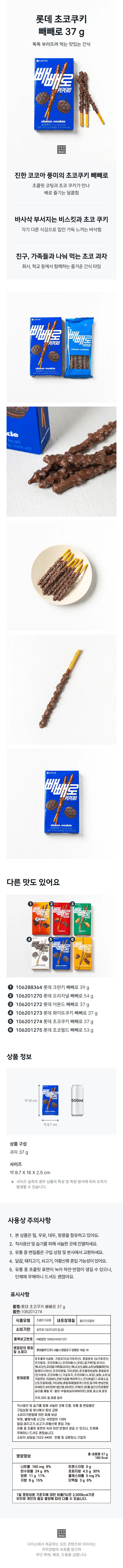 롯데 초코쿠키  
빼빼로 37g  
똑똑 부러뜨려 먹는 맛있는 간식  
빼빼로  
PEPERO  
진한 코코아 풍미의 초코쿠키 빼빼로  
초콜릿 코팅과 초코 쿠키가 만나  
배로 즐기는 달콤함  
바사삭 부서지는 비스킷과 초코 쿠키  
각기 다른 식감으로 입안 가득 느끼는 바삭함  
친구, 가족들과 나눠 먹는 초코 과자  
회사, 학교 등에서 함께하는 즐거운 간식 타임  
빼빼로 빼빼로  
PEPERO  
ocookie  
xie  
kcal)  

빼빼  
PEPERO  
다른 맛도 있어요  
빼빼로 미  
빼빼로  
빼빼로  
① 106288364 롯데 크런키 빼빼로 39g  
② 106201270 롯데 오리지널 빼빼로 54g  
③ 106201272 롯데 아몬드 빼빼로 37g  
④ 106201273 롯데 화이트쿠키 빼빼로 37g  
⑤ 106201274 롯데 초코쿠키 빼빼로 37g  
⑥ 106201275 롯데 초코필드 빼빼로 53g  

상품 정보  
빼빼로  
약16cm 500ml  
약8.7cm  
상품 구성  
과자 37g  
사이즈  
약 8.7 X 16 X 2.5 cm  
사이즈 실측의 경우 상품의 특성 및 측정 방식에 따라 오차가 발생할 수 있습니다.  

사용상 주의사항  
1. 본상품은 밀, 우유, 대두, 땅콩을 함유하고 있어요.  
2. 직사광선 및 습기를 피해 서늘한 곳에 진열하세요.  
3. 유통 중 변질품은 구입 상점 및 본사에서 교환하세요.  
4. 달걀, 돼지고기, 쇠고기, 아황산류 혼입 가능성이 있어요.  
5. 유통 중 초콜릿 표면이 녹아 하얀 반점이 생길 수 있으나, 인체에 무해하니 드셔도 괜찮아요.  

표시사항  
품명: 롯데 초코쿠키 빼빼로 37g  
품번: 106201274  
식품유형 초콜릿가공품 내포장재질 폴리프로필렌  
소비기한 밑면표기일까지(연, 월, 일)  
품목보고번호 F4(대전)19960242067257  
영업장의 명칭  
롯데엘푸드(주) 서울시 영등포구 양평로19길19  
및 소재지  
준초콜릿[설탕, 가공유지(싱가포르산), 혼합분유(싱가포르산; 전지분유, 코코아매스), 코코아메스, 유당], 밀가루(밀: 미국산, 캐나다산) 과 제일자루(미국산 캐나다산(쇼트닝, 쇼트상품 올레인유 말레이시아산), 코코아브랄, 기타 당류), 준초콜릿에 설명한 우유(전자분유, 코코아버터), 가공유지, 코코아유, 유당) 설팅, 쇼트닝  
원재료명 가공버터, 전분가공품, 맥아엑기스, 전지분골드1, 정제소금, 가공연유, 산도조절제, 기타첨가물, 혼합제제, 칼슘엑스트린, 불가루, 변성전분, 아세트린, 비타민31염산염, 세터펜 디카페인나트륨, 프로필렌글리콜, 메틸 파라벤, 프로필 파라벤, 향료, 효소제, 효모  
우유, 대두, 밀, 땅콩 함유  
직사광선 및 습기를 피해 서늘한 곳에 진열, 유통 중 변질품은 구입상점 및 본사에서 항상 교환  
소비자기본법에 의한 피해 보상  
부정, 불량식품 신고는 국번없이 1399  
달걀, 돼지고기, 쇠고기, 아황산류 혼입 가능  
유통 중 초콜릿 표면이 녹아 하얀 반점이 생길 수 있으나, 인체에 무해하니 드셔도 괜찮습니다.  
소비자 상담실: 1522-4400 반품 및 교환장소: 구입처  

영양정보 총내용량 37g  
나트륨 160mg 8% 트랜스지방 0g  
탄수화물 24g 8% 포화지방 4.5g 30%  
당류 11g 11% 콜레스테롤 5mg 2%  
지방 8g 15% 단백질 3g 6%  

사업을 병원료 질병원 입양 병원 입원료: 2일 일반 211조  
다이소에서 제공하는 모든 콘텐츠와 이미지는 저작권법의 보호를 받으며 무단 복제, 배포, 도용을 금합니다.
