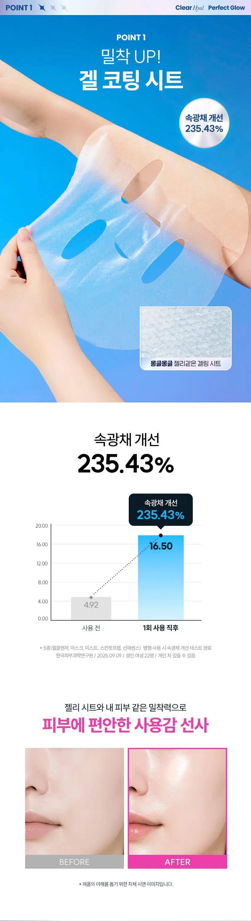 무엇이든 물어보세요!  
화잘먹의 핵심은?  
뭘 발라도  
겉돌고 속이 건조해요  
피부에 딱! 밀착되는  
마스크팩은 없을까요?  
중요한 약속을 위한  
화잘먹팩 찾아요  
화장이 찰떡으로 잘 먹는  
마스크팩 없을까요?  
화잘먹의 핵심  
깨끗하고 맑게 빛나는 속광 피부!  
클리어 히알 결광  
겔 마스크  
속부터 차오르는 수분으로 긴급 속광 세팅!  
* 모델 이미지는 생성형 AI로 제작되었습니다.  
THE LAB by BLANC DOUX Clear Hyal Perfect Glow  
쫀쫀 밀착 화잘먹 완성  
긴급 피부 속광 세팅!  
겔 코팅 시트 마스크  
1,000원  
계산  
바코드  
THE LAB by BLANC DOUX  
Clear Hyal  
Perfect Glow  
Gel Mask  
피부 속중 계산테스트 완료  
알리 자극 테스트 번호 25 9 (메일) 0.88 or  
THE LAB by BLANC DOUX  
Perfect Glow  
Clear Hyal  
Gel Mask  
원본사용자 제안해(주민원  
외부 일이 014:10  
25일(백화 14분의  
겔 코팅 수분 가득 물광 핵심  
마스크 앰플 제형 클리어히알 겔 마스크  
CHECK POINT  
1  
밀착 UP! 겔 코팅 시트  
젤리 시트와 내 피부 같은 밀착력으로  
피부에 편안함 사용감 선사  
2  
수분 가득 앰플 제형  
끈적임 없이 촉촉하게  
피부 결광 케어  
3  
피부 보습&물광 핵심 케어  
Clear Hyal 3,000 ppm이 함유되어  
맑은 물광 피부 케어  
속부터 건강한 광채!  
사용 후 만족도 100%  
100%  
피부 상태 만족도  
피부에 건강한 광채가 나는 것 같다 100%  
피부가 속부터 수분감이 느껴지는 것 같다 100%  
피부가 맑고 투명해진 것 같다 100%  
* 5종(젤클렌저, 마스크, 미스트, 스킨핏프렙, 선에센스) 병행 사용 시 속광채 개선 테스트 완료  
한국피부과학연구원 / 2025.09.09/ 성인 여성 22명 / 개인 차 있을 수 있음  
** 제품 사용 후 설문 평가/ 보통 이상의 긍정 답변 기준 / 개인 차 있을 수 있음  
POINT1 Clear Hyal Perfect Glow  
POINT 1  
밀착 UP!  
겔 코팅 시트  
속광채 개선  
235.43%  
몽글몽글 젤리같은 겔링 시트  
속광채 개선  
235.43%  
속광채 개선  
235.43%  
20.00  
16.00 16.50  
12.00  
8.00  
4.00  
4.92  
0.00  
사용 전 1회 사용 직후  
* 5종(젤클렌저, 마스크, 미스트, 스킨핏프랩, 선에센스) 병행 사용 시 속광채 개선 테스트 완료  
한국피부과학연구원 / 2025.09.09 / 성인 여성 22명 / 개인 차 있을 수 있음  
젤리 시트와 내 피부 같은 밀착력으로  
피부에 편안한 사용감 선사  
BEFORE AFTER  
제품의 이해를 돕기 위한 자체 시연 이미지입니다.  
POINT2 Clear Hyal Perfect Glow  
POINT 2  
수분 가득 앰플 제형  
1,000원  
THE LAB by BLANC DOUX  
계산  
Clear Hyal  
바코드  
Perfect Glow  
Gel Mask  
피부 속공해 개선 테스트 완료  
피부 일자 자극 테스트 완료  
25 g (1매입) / 0.88 oz.  
POINT3 Clear Hyal Perfect Glow  
POINT3  
Clear Hyal 함유로  
맑은 물광 피부 케어  
피부 겉·속 수분을 꽉 채워주는 핵심성분 3종 배합  
저분자  
히알루론산  
피부 수분 공급  
+  
Clear Hyal  
베타인  
3,000 ppm +  
피부 보습 케어  
+  
PHA  
피부 결 개선에 도움  
* 원료적 특성에 한함  
더랩만의  
6가지 성분 무첨가 약속  
스크럽 미네랄 합성색소  
입자 오일 합성향료  
BHA SLS 에센셜  
AHA SLES 오일  
★ GRAS임이 확인된 시트릭애씨드 및 그 염류 제외  
** 더랩의 성분배제 7원칙 기준  
THE LAB by BLANC DOUX Clear Hyal Perfect Glow  
피부가 편안한 포뮬라  
저자극  
일차 피부 자극  
테스트 완료  
★ 일차 피부 자극테스트 완료  
한국피부과학연구원/ 2025.09.08~2025.09.11/ 성인 남녀 31명 / 개인 차 있을 수 있음  
HOW TO USE  
클리어 히알 물광 토너로 가볍게 피부 결을 정돈한 뒤,  
마스크를 10~20분 정도 얼굴에 붙였다가 떼어낸 후  
피부에 가볍게 두드려 흡수시켜 줍니다.  
TIP  
1  
마스크를 떼어낸 후,  
클리어 히알 결광 스킨 핏 프렙을 덧발라주면 속광 피부 완성!  
2  
중요한 약속 전 날 사용하면, 다음 날 화장이 잘 먹는 피부 완성!  
화잘먹 피부 완성  
Perfect Glow  
1,000원  
THELABby BLANC DOUX 계산  
Clear  
PerfectGlow  
ChatMosk  
exfect Colow  
PerfoctGlow  
II  
더랩바이블랑두의  
화잘먹 결광 레이어링  
DAILY CARE SPECIAL CARE  
STEP1 STEP2 STEP3 STEP4 STEP5  
클리어 히알 결광 클리어 히알 결광 클리어 히알 결광 클리어 히알 결광 클리어 히알 결광  
젤 클렌저 세럼 미스트 스킨 핏 프렙 선 에센스 겔 마스크  
#매끈결정돈 #뿌리는광채 #수분착불 #물광자차 #긴급수분충전  
TEXTURE  
수분 가득한  
투명 앰플 제형  
미끈거림이나 끈적임 없이 탱글탱글한 젤리 같은  
+  
수분을 꽉 채워주는 제형 부드러운 겔 코팅 원단  
본 상품 정보(상품 상세, 상품 설명 등)의 내용은 협력사가 직접 제작한 것 입니다.  
상품정보제공 고시  
제품명 더랩 바이 블랑두 클리어 히알 결광 겔 마스크 1매입  
용량또는 중량 0.88 oz. / 25 g  
제품 주요 사양 모든 피부타입  
사용기한 또는  
개봉 전 36개월, 개봉 후즉시  
개봉 후 사용 기간  
① 세안 후 토너로 피부결을 정돈해줍니다. ② 파우치를 개봉하여 마스크를 꺼내 얼굴  
사용방법 전체에 고르게 밀착시켜줍니다. ③ 약 10~20분 후, 마스크를 떼어내고 피부에 남은  
에센스를 가볍게 두드려 흡수시켜줍니다.  
제조업자 및 화장품 제조업자: (주)씨엔에프  
책임(제조)판매업자 화장품책임판매업자: (주)에런케이  
제조국 대한민국  
화장품법에 따라 정제수, 부틸렌글라이콜, 글리세린, 1,2-헥산다이올, 아이소펜틸다이올, 하이드롤라이즈드  
기재 표시하여야 하는 하이알루로닉애씨드(1,000 ppm), 베타인, 글루코노락톤, 카보머, 알지닌, 폴리글리세릴-  
모든 성분(전성분) 10라우레이트, 에틸헥실글리세린, 잔탄검, 다이소듐이디티에이, 소듐폴리아크릴레이트,  
글리세릴아크릴레이트/아크릴릭애씨드코폴리머, 바나나꽃추출물, 다마스크장미꽃수,  
서양배추출물, 서양자두추출물, 엘론추출물, 서양송악잎/줄기추출물  
식품의약품안전처  
무  
심사 필 유무(기능성화장품)  
용법/용량  
사용할 때의 주의사항 1. 화장품 사용 시 또는 사용 후 직사광선에 의하여 사용부위가 붉은 반점, 부어오름  
또는 가려움증 등의 이상 증상이나 부작용이 있는 경우에는 전문의 등과 상담할 것  
2. 상처가 있는 부위 등에는 사용을 자제할 것 3. 보관 및 취급 시주의사항 가) 어린  
이의 손이 닿지 않는 곳에 보관할 것 나) 직사광선을 피해서보관할 것 4. 눈 주위를  
피하여 사용할 것  
품질보증기준 본 제품에 이상이 있을 경우 공정거래위원회 고시  
"소비자분쟁해결기준"에 의하여 보상해 드립니다.  
소비자상담  
더랩 바이 블랑두 고객센터/ 02-544-5996  
관련 전화번호