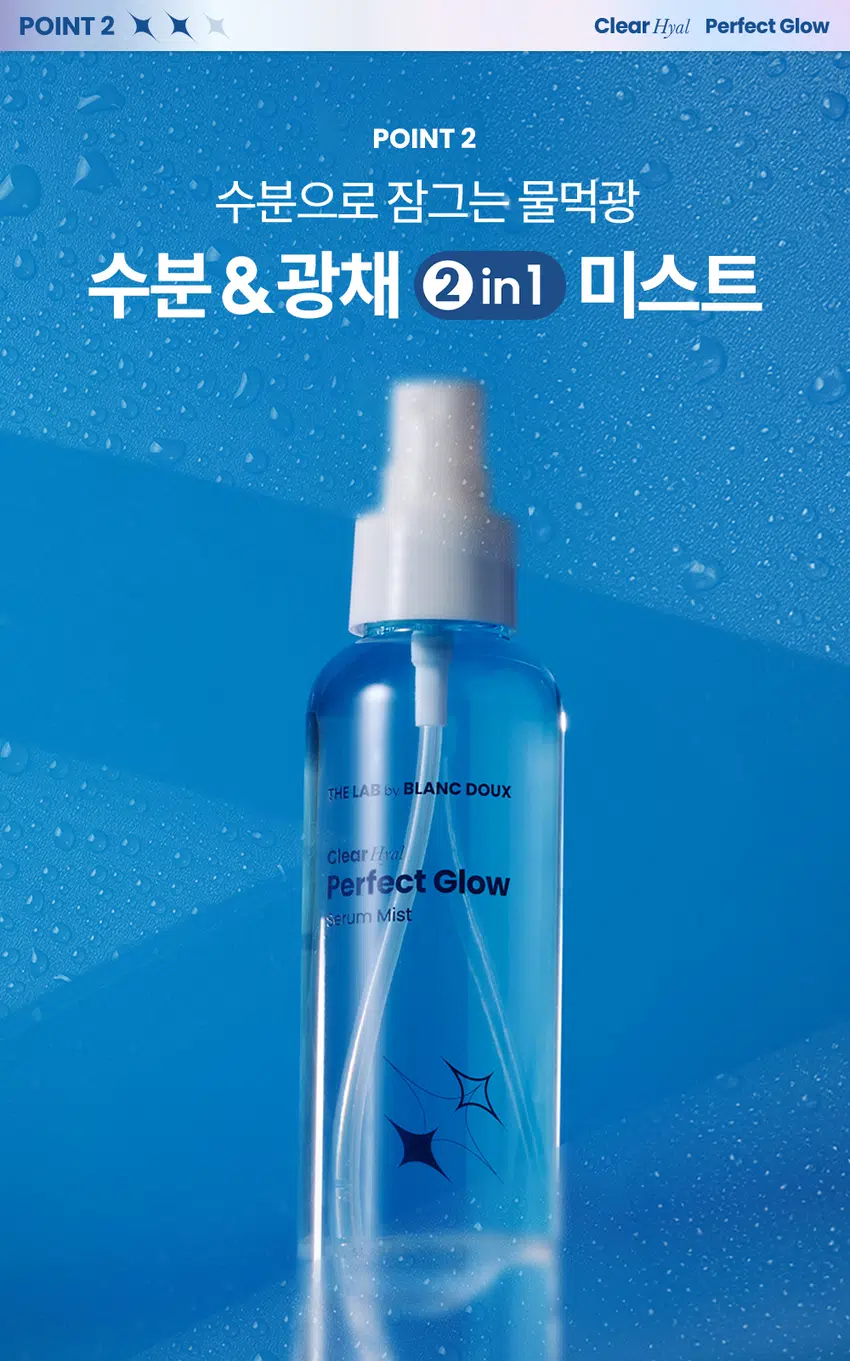 무엇이든 물어보세요!  
화잘먹의 핵심은?  
피부 속은 당기고 겉은 번들거리는게 고민이에요  
가볍지만 꽉 찬 듯한 보습 충전이 필요해요!  
화장 전에 사용해도 밀착이 잘 되고 싶어요  
메이크업 위에 뿌려도 뭉치지 않는 제품 없을까요?  
화잘먹의 핵심  
깨끗하고 맑게 빛나는 속광 피부!  
클리어 히알 결광 세럼 미스트  
수분으로 잠그는 물먹광 속광 필터 한겹더!  
* 모델 이미지는 생성형 AI로 제작되었습니다.  
THE LAB by BLANC DOUX Clear Hyal Perfect Glow  
쫀쫀 밀착 화잘먹 완성  
수분으로 잠그는 물먹광 속광 필터 세럼 미스트  
THE LAB by BLANC DOUX  
ClearHyal  
Perfect Glow  
Serum Mist  
5종 속공채 개선 테스트 완료  
피부 외  
뿌리는 수분&광채 물광 핵심  
광채 2in1 미스트 클리어히알 TM세럼 미스트  
CHECK POINT  
1  
속광 필터 한겹더!  
고른 분사력으로 피부에 가볍게 안착되어  
속부터 차오르는 광채 연출 가능  
2  
수분&광채 2in1 미스트  
건조할 때마다 수시로 뿌려주어  
보습과 화잘먹 피부를 동시에!  
3  
피부 보습&물광 핵심 케어  
Cleal HyalTM 601 ppm이 함유되어  
맑은 물광 피부 케어  
속부터 건강한 광채!  
사용 후 만족도 100%  
100% 피부에 건강한 광채가 나는 것같다  
100% 피부가 속부터 수분감이 느껴지는 것같다  
100% 피부가 맑고 투명해진 것같다  
★ 5종(젤클렌저, 마스크, 미스트, 스킨핏프렙, 선에센스) 병행 사용 시 속광채 개선 테스트 완료  
한국피부과학연구원 / 2025. 09.09 / 성인 여성 22명 / 개인 차 있을 수 있음  
** 제품 사용 후 설문 평가/ 보통 이상의 긍정 답변 기준 / 개인 차 있을 수 있음  
POINT1 Clear Hyal Perfect Glow  
POINT1  
속광 필터 한 겹 더! 속광채 개선  
235.43%  
뿌리는 광채  
THE LA Bby BLANC DOUX  
Cle Hsal  
Pe fect Glow  
SerumMist  
건강하게선테스트 게임  
일자자극테스트 돈을  
150ml/5.07.oz  
속광채 개선  
235.43%  
속광채 개선  
235.43%  
20.00  
16.00 16.50  
12.00  
8.00  
4.00  
4.92  
0.00  
사용 전 1회 사용 직후  
* 5종(젤클렌저, 마스크, 미스트, 스킨핏프렙, 선에센스) 병행 사용 시 속광채 개선 테스트 완료  
한국피부과학연구원 / 2025.09.09 / 성인 여성 22명 / 개인 차 있을 수 있음  
고르게 분사되어 쉽고 빠르게  
속부터 차오르는 광채 연출 가능  
BEFORE AFTER  
제품의 이해를 돕기 위한 자체 시연 이미지입니다.  
POINT 2 Clear Hyal Perfect Glow  
POINT 2  
수분으로 잠그는 물먹광  
수분 & 광채 2 in1 미스트  
THE LAB of BLANC DOUX  
Clear Hval  
Perfect Glow  
serum Mist  
POINT 3 Clear Hyal Perfect Glow  
POINT3  
Clear HyalTM 함유로  
맑은 물광 피부 케어  
피부 겉·속 수분을 꽉 채워주는 핵심성분 3종 배합  
저분자 히알루론산  
피부 수분 공급  
+  
Clear HyalTM  
베타인  
601 ppm +  
피부 보습 케어  
+  
PHA  
피부 결 개선에 도움  
* 원료적 특성에 한함  
더랩만의 6가지 성분 무첨가 약속  
스크럽 미네랄 합성색소  
입자 오일 합성향료  
BHA *SLS 에센셜  
AHA SLES 오일  
★ GRAS임이 확인된 시트릭애씨드 및 그 염류 제외  
** 더랩의 성분배제 7원칙 기준  
THE LAB by BLANC DOUX Clear Hyal Perfect Glow  
피부가 편안한 포뮬라  
저자극  
일차 피부 자극 테스트 완료  
★ 일차 피부 자극 테스트 완료  
한국피부과학연구원/2025.09.08~2025.09.11/ 성인 남녀 31명 / 개인 차 있을 수 있음  
HOW TO USE  
화장 전·후에 상관없이 피부가 건조할 때마다 눈을 감고  
얼굴 전체에 골고루 분사한 후, 톡톡 두드려 흡수시켜줍니다.  
메이크업 전/ 후 TIP  
끈적임 없이 마무리되어 세안 직후 수분이 날아가지 않도록  
메이크업이 잘 먹는 속광 피부 연출 가능 보습 케어  
#화잘먹케어 #스킨케어루틴  
Perfect Glow  
\1,000  
THELABon BLANC DOUX 계산  
Clear//  
Perfect Glow  
OelMosk  
Glow  
PerfoctOlow  
II  
더랩바이블랑두의  
화잘먹 결광 레이어링  
DAILY CARE SPECIAL CARE  
☆  
STEP1 STEP2 STEP3 STEP4 STEP5  
클리어 히알 결광 클리어 히알 결광 클리어 히알 결광 클리어 히알 결광 클리어 히알 결광  
젤 클렌저 세럼 미스트 스킨 핏 프렙 선 에센스 겔 마스크  
#매끈결정돈 #뿌리는광채 #수분착불 #물광자차 #긴급수분충전  
TEXTURE  
끈적임 없이 빠르게 흡수되는  
산뜻한 워터 타입 제형  
깔끔하게 마무리되는 보습감 가득한 제형  
본 상품 정보(상품 상세, 상품 설명 등)의 내용은 협력사가 직접 제작한 것 입니다.  
상품정보제공 고시  
제품명 더랩 바이 블랑두 클리어 히알 결광 세럼 미스트 150ml  
용량 또는 중량 5.07 fl. oz. / 150 ml  
제품 주요 사양 모든 피부타입  
사용기한 또는  
개봉 전 36개월, 개봉 후 12개월  
개봉 후 사용 기간  
10~20cm정도 떨어져 눈을 감고 얼굴 전체에 고르게 분사하여  
사용방법  
흡수시켜 줍니다.  
제조업자 및 화장품 제조업자: (주)씨엔에프  
책임(제조)판매업자 화장품책임판매업자: (주)에런케이  
제조국 대한민국  
화장품법에 따라 정제수, 1,2-헥산다이올, 부틸렌글라이콜, 글리세린, 베타인, 하이드 롤라이즈드하이  
기재 표시하여야 하는 알루로닉애씨드(100 ppm), 에틸헥실글리세린, 폴리글리세릴-10라우레이트, 암모  
모든 성분(전성분) 늄아크릴로알다이메틸타우레이트/브이피코폴리머, 다이소듐이디티에이, 소듐시트  
레이트, 글루코노락돈  
식품의약품안전처  
무  
심사 필 유무(기능성화장품)  
용법/용량  
사용할 때의 주의사항 1. 화장품 사용 시 또는 사용 후 직사광선에 의하여 사용부위가 붉은 반점, 부어오름  
또는 가려움증 등의 이상 증상이나 부작용이 있는 경우에는 전문의 등과 상담할 것  
2. 상처가 있는 부위 등에는 사용을 자제할 것 3. 보관 및 취급 시 주의사항  
가) 어린이의 손이 닿지 않는 곳에 보관할 것  
나) 직사광선을 피해서 보관할 것  
품질보증기준 본 제품에 이상이 있을 경우 공정거래위원회 고시  
"소비자분쟁해결기준" 에 의하여 보상해 드립니다.  
소비자상담  
더랩 바이 블랑두 고객센터/ 02-544-5996  
관련 전화번호
