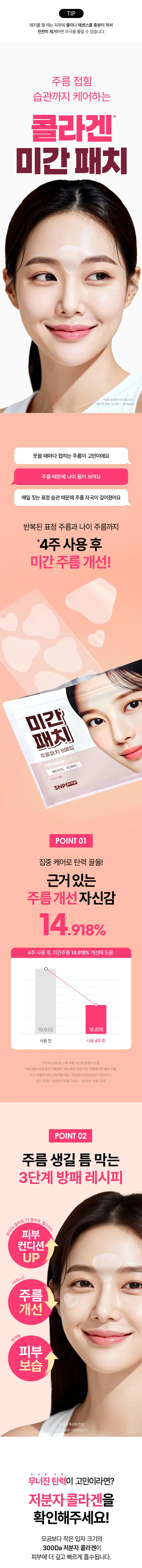 TIP  
패치를 뗄 때는 피부에 물이나 에센스를 충분히 적셔  
천천히 제거하면 자극을 줄일 수 있습니다.  

주름 접힘  
습관까지 케어하는  
콜라겐  
미간패치  

*AI로 생성된 이미지입니다.  
*콜라겐 함량 0.02% =200ppm  

웃을 때마다 접히는 주름이 고민이에요  
주름 때문에 나이 들어 보여요  
매일 짓는 표정 습관 때문에 주름 자국이 깊어졌어요  
반복된 표정 주름과 나이 주름까지  

*4주 사용 후  
미간 주름 개선!  

미간  
패치  
주름패치 8매입  
Wrinkle patch  
펩타이드 PDRN  
4eaX2장  
SN prep  

POINT 01  
집중 케어로 탄력 끌어올리기!  
근거 있는  
주름개선 자신감  
14.918%  
4주 사용 후 미간주름 14.918% 개선에 도움  
19.835 → 16.876  
사용 전 사용 4주 후  
*수치가 낮아질수록 주름 개선에 효과가 있음  
*에스엔피 프렙 팔자 주름패치 미간 주름패치의 팔자 주름  
미간 주름에 대한 인체적용시험 /피엔케이피부임상연구센타(주)/  
성인 22명 /2025년 09월 24일 ~ 2025년 10월 23일  

POINT 02  
주름 생길 틈 막는  
3단계 방패 레시피  
300Da 콜라겐 T1콜라겐 펩타이드  
피부  
컨디션  
UP  
아데노신  
주름  
개선  
판테놀  
피부  
보습  
특성에 한함  

성된 이미지입니다.  

무너진 탄력이 고민이라면?  
저분자 콜라겐을  
확인해주세요!  
모공보다 작은 입자 크기의  
300Da 저분자 콜라겐이  
피부에 더 깊고 빠르게 흡수됩니다.*일반적인 모공 크기 : 0.05~0.2 mm²  
(논문 기준) 제목 : Facial skin pores: a multiethnic study  

POINT 03  
피부 굴곡에 딱!  
자체 개발 디자인  
양쪽 눈썹 사이를 고려한  
맞춤형 패치를 만들었어요!  
이마 쪽은 넓게  
미간 쪽은 좁게  
*사이즈 : 30X33mm  

BONUS!  
하트형 패치  
주름 고민인 눈가 팔자에도  
같이 붙여주세요  
눈가 케어 팔자 케어  
*AI로 생성된 이미지입니다.  
부드럽게 부착되는  
0.2mm 패치  
일상 움직임에도 편안한 밀착감  
1일 1패치 주름 관리 습관  
매일 사용해도  
저자극이니까!  
인체 피부 일차 자극 시험 완료!  
비(무) 자극성  
*Snp 프렙 팔자 주름패치의 인체 피부 일차 자극 시험/  
피엔케이피부임상연구센타(주)/성인 30명/  
2025년 09월 24일 ~2025년 09월 26일  

이런 분들께 추천드려요  
깊어진 미간 주름이 고민이신 분  
습관적인 표정 주름 방지가 필요하신 분  
주름 때문에 화장 끼임이 고민이신 분  
간편하게 주름 케어가 필요하신 분  

¥2,000  
계산③  
미간  
패치  
주름패치 8매입  
■  
팔자  
패치  
주름패치 12매입  
업태이드·PORN  
SNPERCE  

HOW TO USE  
STEP 1  
스킨 케어 마무리 단계에서  
고민 부위의 주름을 손으로 펴준 뒤  
패치를 붙여주세요.  
STEP 2  
유효 성분이 충분히 흡수될 수 있도록  
4~8시간 동안 붙여주세요.  
STEP 3  
피부에 자극이 가지 않도록  
붙인 부위에 물을 충분히 묻혀  
부드럽게 천천히 떼어 냅니다.  
*피부 타입이나 사용 환경에 따라 사용 시간을 조절해주세요.  
*부착 부위에 유분기를 제거한 후 사용해주세요  
(땀과 유분기에 의해 부착력의 차이가 있을 수 있습니다.)  
*사용 후에는 남아있는 패치들이 마르지 않도록 지퍼백을 꼭 닫아주세요.  

SNP 프렙 콜라겐* 주름 패치  
주름 부위별 맞춤 케어!  
팔자 주름패치 미간 주름 패치  
6ea X2장 4eaX2장  
팔자 미간  
패치 패치  
*콜라겐 함량 0.02% =200ppm  

본 상품 정보의 내용은 협력사가 직접 제작한 것입니다.  

제품명 에스엔피프렙 미간주름패치 8매입  
용량 및 중량 4eaX2장=8ea  
제품 주요 사양 모든 피부용  
사용 기한 또는  
제조일로부터 36개월  
개봉 후 사용 기간  

1. 세안 후 토너로 피부 결을 정돈하여 줍니다.  
사용 방법  
2. 미간 등 고민되는 부위의 주름을 손으로 펴준 뒤 패치를 붙여 줍니다.  
3. 유효 성분이 충분히 흡수될 수 있도록 8시간 동안 붙여주세요.  
4. 피부에 자극이 가지 않도록 붙인 부위에 물을 충분히 묻혀  
부드럽게 천천히 떼어냅니다.  
·피부 타입이나 사용 환경에 따라 사용 시간을 조절해주세요.  
·부착 부위에 유분기를 제거한 후 사용해주세요. 땀과 유분기에 의해  
부착력의 차이가 있을 수 있습니다.  
·사용 후에는 남아있는 패치들이 마르지 않도록 지퍼백을 꼭 닫아주세요.  

화장품 제조업자 (주)코바스  
화장품 책임판매업자 (주)에스디생명공학  
제조국 대한민국  

전성분  
아크릴레이트코폴리머, (2-헥산다마음, 소듐아크릴레이트/소듐아크릴로엘다이메릴라  
우레이트코폴리머, 폴리아이소부텐, 글루코노락톤, 피브이피, 부틸렌글라이콜, 정제수,  
카프릴릴/카프릴글루코사이드, 솔비탄올리에이트, 아데노신, 글리세린, 육두구추출물,  
하이드로제네이티드레시틴, 판테놀, 하이드롤라이즈드콜라겐, 소듐디엔에이, 돌콩스테  
롤, 레티놀, 폴리글리세릴-10라우레이트, 에틸헥실글리세린, 팔미토일펜타펩타이드-4,  
팔미토일트라이펩타이드-1, 헥사펩타이드-9, 아세틸헥사펩타이드-8, 트라이펩타이드-1,  
카퍼트라이펩타이드-1, 콜라겐 함량 0.02% = 200ppm  

기능성 화장품의  
주름개선 기능성  
경우 화장품법에  
따른 식품의약품안전처 심사필유무  

사용할 때  
1. 화장품 사용 시 또는 사용 후 직사광선에 의하여 사용 부위가 붉은 반점,  
부어오름! 또는 가려움증 등의 이상 증상이나 부작용이 있는 경우 전문의 등과 상담할 것  
2. 상처가 있는 부위 등에는 사용을 자제할 것  
3. 보관 및 취급 시의 주의사항  
가) 어린이의 손이 닿지 않는 곳에 보관할 것  
나) 직사광선을 피해서 보관할 것  
4. 알갱이가 눈에 들어갔을 때에는 물로 씻어내고, 이상이 있는 경우에는  
전문의와 상담할 것  

본 제품에 이상이 있을 경우 공정거래위원회 고시  
품질보증기준  
"소비자 분쟁해결기준"에 의한 보상해드립니다.  

소비자 상담 관련 0505-846-1846  
전화번호  
*위 내용은 공정거래위원회 상품 정보 제공 고시에 따라 작성되었습니다.