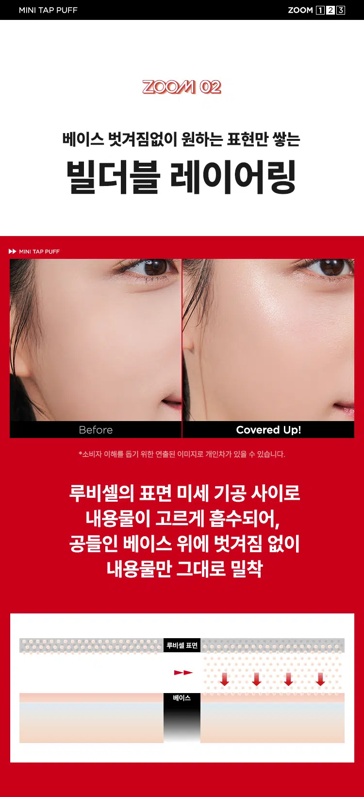 ZOOM BY JUNG SAEMMOOL MINI TAP PUFF  
미니 탭 퍼프 3P  

"완벽하고 정교한 표현을 위해, 작은 도구 하나까지 세심하게 고민했습니다. 넓은 면부터 세밀한 부분까지 정교하게 터치하는 미들 사이즈 미니 탭 퍼프로 완성도 높은 메이크업을 경험하세요."  

엣지 부분으로 섬세하게 TAP  
유연한 밴드로 텐션 있게 TAP  
부드러운 루비셀 소재  

넓은 부위에는 간편하게, 좁은 부위에는 섬세하게. 원하는 부위에 세밀한 터치  
- 넓은 면: 광대, 이마, 턱 등  
- 엣지 면: 콧등, 팔자 부위, 입가 등  

* 추천 제품: 쿠션, 파운데이션, 컨실러, 크림 타입 블러셔/하이라이터 등  
* 모델 이미지는 생성형 AI로 제작되었습니다.  

Before Covered Up!  
베이스 벗겨짐 없이 원하는 표현만 쌓는 빌더블 레이어링  
루비셀의 표면 미세 기공 사이로 내용물이 고르게 흡수되어,  
공들인 베이스 위에 벗겨짐 없이 내용물만 그대로 밀착  

제품명: 줌 바이 정샘물 미니 탭 퍼프(3개입)  
용도: 화장용 퍼프  
재질: 폴리우레탄  
제조국: 대한민국  
제조원: (주)삼본퍼프  
판매원: (주)정샘물뷰티  

주의사항  
1. 상처가 있는 부위, 습진 및 피부염 등의 이상이 있는 부위에는 사용하지 마십시오.  
2. 제시된 용도 이외의 목적으로 사용하지 마십시오.  
3. 유아·소아의 손이 닿지 않는 곳에 보관하십시오.  

품질보증기준  
본 제품에 이상이 있을 경우 공정거래위원회 고시 '소비자 분쟁 해결 기준'에 의거 보상해 드립니다.  

소비자상담  
고객상담실 080-816-7671 (수신자 요금 부담)  

ARTIST TIP: GLOSSY UP SEBUM DOWN 제품과 함께 사용해 보세요.