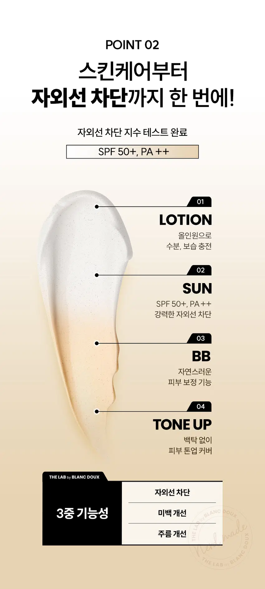 하나로 한 번에 마무리!  
클리어 히알 옴므 톤 커버 크림  
BB + 로션 + 선 + 톤업 4MIX 올인원  
SPF 50+, PA ++  
DOUX BLANC  
Clear Hyal HOMME Tone Cover Cream  
「백」 주름개선 | 자외선 차단 3종 기능성  
피부 일차 자극 테스트 완료  
30 ml / 1.01 fl.oz.  
RECOMMEND  
이런 톤 커버 크림을 찾는 남성분들께 추천합니다!  
티 안 나는 자연스러운 커버  
맞춤형 톤 보정 메이크업  
광 + 번들거림 없이 촉촉한 마무리감  
강력한 자외선 차단 지수 티 안 나게 자연스러운  
4MIX 톤 커버 크림의 POINT  
POINT 01  
남성들의 피부 톤 UP  
DOUX BLANC  
3가지 컬러 체인지 캡슐로  
어떤 피부 톤이든 자연스러운 커버 가능 by THE LAB  
POINT 02  
Clear Hyal ME Tone Cover Cream  
한 겹으로 외출 준비 끝!  
주름개선 | 자외선 차단 3중 기능성  
로션 + BB + 선 + 톤업까지 피부 일차 자극 테스트 완료  
30 ml I 1.01 fl.oz.  
한 겹으로 초간편 커버 가능  
POINT 03  
번들거리지 않고 촉촉함으로 완벽 밀착  
Clear Hyal TM 1,200ppm이 함유되어  
광 + 번들거림 없이 촉촉한 마무리감  
POINT 01  
마치 내 피부인 것처럼  
티나지 않는 자연스러운 톤업  
BEFORE AFTER  
* 자체 테스트 / 소비자 이해를 돕기 위한 예시 이미지입니다.  
칙칙한 안색, 면도, 트러블 자국까지  
깨끗하게 커버!  
3-COLOR 톤 보정 캡슐  
WHITE  
YELLOW  
GREEN  
3가지 컬러 체인지 캡슐이 블렌딩되어  
피부를 자연스럽게 톤업해 줍니다.  
* 이해를 돕기 위해 연출된 이미지입니다.  
POINT 02  
스킨케어부터  
자외선 차단까지 한 번에!  
자외선 차단 지수 테스트 완료  
SPF 50+, PA ++  
01  
LOTION  
올인원으로  
수분, 보습 충전  
02  
SUN  
SPF 50+, PA ++  
강력한 자외선 차단  
03  
BB  
자연스러운  
피부 보정 기능  
04  
TONE UP  
백탁 없이  
피부 톤업 커버  
THE LAB BLANC DOUX  
자외선 차단  
3중 기능성 미백 개선 BLANC DOUX  
주름 개선  
POINT 03  
번들거림 + 들뜸 없이  
산뜻하고 촉촉하게  
THE LAB의 독자적인 수분  
THE LAB by BLANC DOUX  
Clear HyalTM 1,200 ppm  
저분자 히알루론산 피부 수분 충전  
베타인 ))) 피부 장벽 케어 · 보습  
PHA 피부 결 케어  
★ 원료적 특성에 한함  
Clear HyalTM 성분이  
촉촉하게 피부에 FIT!  
자사 샘플 클리어 히알 옴므 톤 커버 크림  
★ 제품의 이해를 돕기 위한 자체 시연 이미지입니다.  
매일 사용해도  
피부자극 0.00%  
'더랩 바이 블랑두 클리어 히알 옴므 톤 커버 크림 외 4종'  
피부첩포에 의한 피부 일차 자극 평가에 대한 인체적용시험  
2. 피부첩포시험에 의한 피부 일차 자극 평가 결과  
시험대상자 32명을 대상으로 피부첩포시험을 한 결과는 다음과 같다(표 4) THE LAB  
1) 시험물질 B1은 첩포 제거 후 30분, 24시간, 48시간 경과 후에 자극이 관찰되지 않았다. 평균 피부반응도는 0.00으로 판정기준에 따라 무자극으로 판정되었다.  
BLANC  
2) 시험물질 #2는 첩포 제거 후 30분, 24시간, 48시간 경과 후에 자극이 관찰되지 않았다. 평균 피부반응도는 0.00으로 판정기준에 따라 무자극으로 판정되었다.  
THE LAB  
시험물질 #3은 첩포 제거 후 30분, 24시간, 48시간 경과 후에 자극이 관찰되지 않았다. 평균 피부반응도는 0.00으로 판정기준에 따라 무자극으로 판정되었다.  
THE LAB by BLANC DOUX  
시험물질 피부반응도 평균  
시험물질명 반응자수  
번호 30분 경과 24시간 경과 48시간 경과 피부반응도  
더랩 바이 블랑두 클리어  
#2 0 0.0 0.0 0.0 0.00  
히알 옴므 톤커버크림  
시험물질 피부반응도 평균  
시험물질명 반응자수  
번호 30분 경과 24시간 경과 48시간 경과 피부반응도  
더랩 바이 블랑두 클리어  
#2 0 0.0 0.0 0.0 0.00  
히알 옴므 톤커버크림  
1차 피부 자극 테스트 완료  
#저자극 #성분 스크리닝 완료  
기관명 한국피부과학연구원  
시험 기관 2025년 6월 23일  
대상 시험대상자 선정 및 제외 기준을 만족하는 23~65세의 성인 남녀 32명  
HOW TO USE  
1  
스킨케어 후 2~3펌프 정도 손등에 도포해 주세요.  
2  
얼굴 전체에 소량씩 도포한 후 피부 결을 따라  
안에서 바깥으로 발라주세요.  
3  
손으로 톡톡 두드려 흡수시켜 주세요.  
TIP  
컬러 캡슐이 피부에 녹아드는 정도에 따라 발색이 달라질 수 있어서  
양 조절을 통해 본인 피부에 맞는 적정 톤을 찾아보세요.  
* 기초 케어 마지막 단계에서 사용하세요.  
남자들의 클리어 히알 옴므  
수분 데일리 루틴  
STEP1 STEP 2 STEP 3 STEP 4  
클리어 히알 옴므 클렌징폼  
클리어 히알 옴므 토너  
클리어 히알 옴므 올인원 에멀전  
클리어 히알 옴므 선크림  
#뽀득 클렌저 #피부 결 개선 #수분 잠금 #끈적임 제로 #4 MIX 올인원  
광 + 번들거림 + 백탁 없이  
산뜻 촉촉한 크림 제형  
THE LAB by BLANC DOUX  
백색에서 톤 맞춤 컬러로 컬러 체인지!  
본 상품 정보(상품 상세, 상품 설명 등)의 내용은 협력사가 직접 등록한 것 입니다.  
상품정보제공 고시  
제품명 더랩 바이 블랑두 클리어 히알 옴므 톤 커버 크림 30ml  
용량 또는 중량 30 ml /1.01 fl oz.  
제품 주요 사양 모든 피부 타입  
사용기한 또는  
개봉 전 36개월, 개봉 후 12개월  
개봉 후 사용 기간  
사용방법 본품 적당량을 취해 피부에 골고루 펴 바른다  
제조업자 및 화장품 제조업자: 리봄화장품(주)  
책임(제조)판매업자 화장품책임판매업자: (주)에런케이  
제조국 대한민국  
화장품법에 따라 정제수, 프로판다이올, 에칠헥실메톡시신나메이트, 티타늄디옥사이드, 세테아릴에틸헥사노에이트, 이소아밀p-메톡시신나메이트, 카프릴릴메티콘, 나이아신아마이드, 실리카, 하이드롤라이즈드하이알루로닉애씨드(300 ppm), 베타인, 글루코노락톤, 비스-에칠헥실옥시페놀메톡시페닐트리아진, 트라이세테아레스-4포스페이트, 폴리솔베이트60, 알루미늄하이드록사이드, 스테아릭애씨드, 글라이콜스테아레이트, 피이지-2스테아레이트, 다이프로필렌글라이콜, 글리세릴스테아레이트, 솔비탄아이소스테아레이트, 피이지-100스테아레이트, 폴리솔베이트80, 아크릴레이트/C10-30알킬아크릴레이트크로스폴리머, 알지닌, 세틸피이지/피피지-10/1다이메티콘, 피이지-10다이메티콘, 하이드록시아세토페논, 메틸프로판다이올, 카프릴릴글라이콜, 합성플루오르플로고파이트, 에틸헥실글리세린, 제인, 잔탄검, 아데노신, 실리카다이메틸실릴레이트, 옥수수전분, 하이드로제네이티드레시틴, 스테아레스-30, 비에이치티, 카프릴릭/카프릭트라이글리세라이드, 토코페롤, 다이포타슘글리시리제이트, 황색산화철, 적색산화철, 흑색산화철  
식품의약품안전처 미백, 주름개선, 자외선차단(SPF 50+, PA ++) 3중 기능성  
심사 필 유무(기능성화장품) *화장품법에 따른 기능성 화장품 심사를 필함  
용법/용량  
사용시의 주의사항 1. 화장품 사용 시 또는 사용 후 직사광선에 의하여 사용부위가 붉은 반점, 부어오름 또는 가려움증 등의 이상 증상이나 부작용이 있는 경우에는 전문의 등과 상담할 것  
2. 상처가 있는 부위 등에는 사용을 자제할 것  
3. 보관 및 취급 시 주의사항  
가) 어린이의 손이 닿지 않는 곳에 보관할 것  
나) 직사광선을 피해서 보관할 것  
품질보증기준 본 제품에 이상이 있을 경우 공정거래위원회 고시 소비자분쟁해결기준에 의하여 보상해 드립니다.  
소비자상담  
더랩 바이 블랑두 고객센터/ 02-544-5996  
관련 전화번호