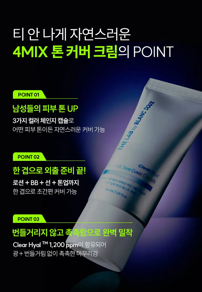 하나로 한 번에 마무리!  
클리어 히알 옴므 톤 커버 크림  
BB + 로션 + 선 + 톤업 4MIX 올인원  
SPF 50+, PA ++  
DOUX BLANC  
Clear Hyal HOMME Tone Cover Cream  
「백」 주름개선 | 자외선 차단 3종 기능성  
피부 일차 자극 테스트 완료  
30 ml / 1.01 fl.oz.  
RECOMMEND  
이런 톤 커버 크림을 찾는 남성분들께 추천합니다!  
티 안 나는 자연스러운 커버  
맞춤형 톤 보정 메이크업  
광 + 번들거림 없이 촉촉한 마무리감  
강력한 자외선 차단 지수 티 안 나게 자연스러운  
4MIX 톤 커버 크림의 POINT  
POINT 01  
남성들의 피부 톤 UP  
DOUX BLANC  
3가지 컬러 체인지 캡슐로  
어떤 피부 톤이든 자연스러운 커버 가능 by THE LAB  
POINT 02  
Clear Hyal ME Tone Cover Cream  
한 겹으로 외출 준비 끝!  
주름개선 | 자외선 차단 3중 기능성  
로션 + BB + 선 + 톤업까지 피부 일차 자극 테스트 완료  
30 ml I 1.01 fl.oz.  
한 겹으로 초간편 커버 가능  
POINT 03  
번들거리지 않고 촉촉함으로 완벽 밀착  
Clear Hyal TM 1,200ppm이 함유되어  
광 + 번들거림 없이 촉촉한 마무리감  
POINT 01  
마치 내 피부인 것처럼  
티나지 않는 자연스러운 톤업  
BEFORE AFTER  
* 자체 테스트 / 소비자 이해를 돕기 위한 예시 이미지입니다.  
칙칙한 안색, 면도, 트러블 자국까지  
깨끗하게 커버!  
3-COLOR 톤 보정 캡슐  
WHITE  
YELLOW  
GREEN  
3가지 컬러 체인지 캡슐이 블렌딩되어  
피부를 자연스럽게 톤업해 줍니다.  
* 이해를 돕기 위해 연출된 이미지입니다.  
POINT 02  
스킨케어부터  
자외선 차단까지 한 번에!  
자외선 차단 지수 테스트 완료  
SPF 50+, PA ++  
01  
LOTION  
올인원으로  
수분, 보습 충전  
02  
SUN  
SPF 50+, PA ++  
강력한 자외선 차단  
03  
BB  
자연스러운  
피부 보정 기능  
04  
TONE UP  
백탁 없이  
피부 톤업 커버  
THE LAB BLANC DOUX  
자외선 차단  
3중 기능성 미백 개선 BLANC DOUX  
주름 개선  
POINT 03  
번들거림 + 들뜸 없이  
산뜻하고 촉촉하게  
THE LAB의 독자적인 수분  
THE LAB by BLANC DOUX  
Clear HyalTM 1,200 ppm  
저분자 히알루론산 피부 수분 충전  
베타인 ))) 피부 장벽 케어 · 보습  
PHA 피부 결 케어  
★ 원료적 특성에 한함  
Clear HyalTM 성분이  
촉촉하게 피부에 FIT!  
자사 샘플 클리어 히알 옴므 톤 커버 크림  
★ 제품의 이해를 돕기 위한 자체 시연 이미지입니다.  
매일 사용해도  
피부자극 0.00%  
'더랩 바이 블랑두 클리어 히알 옴므 톤 커버 크림 외 4종'  
피부첩포에 의한 피부 일차 자극 평가에 대한 인체적용시험  
2. 피부첩포시험에 의한 피부 일차 자극 평가 결과  
시험대상자 32명을 대상으로 피부첩포시험을 한 결과는 다음과 같다(표 4) THE LAB  
1) 시험물질 B1은 첩포 제거 후 30분, 24시간, 48시간 경과 후에 자극이 관찰되지 않았다. 평균 피부반응도는 0.00으로 판정기준에 따라 무자극으로 판정되었다.  
BLANC  
2) 시험물질 #2는 첩포 제거 후 30분, 24시간, 48시간 경과 후에 자극이 관찰되지 않았다. 평균 피부반응도는 0.00으로 판정기준에 따라 무자극으로 판정되었다.  
THE LAB  
시험물질 #3은 첩포 제거 후 30분, 24시간, 48시간 경과 후에 자극이 관찰되지 않았다. 평균 피부반응도는 0.00으로 판정기준에 따라 무자극으로 판정되었다.  
THE LAB by BLANC DOUX  
시험물질 피부반응도 평균  
시험물질명 반응자수  
번호 30분 경과 24시간 경과 48시간 경과 피부반응도  
더랩 바이 블랑두 클리어  
#2 0 0.0 0.0 0.0 0.00  
히알 옴므 톤커버크림  
시험물질 피부반응도 평균  
시험물질명 반응자수  
번호 30분 경과 24시간 경과 48시간 경과 피부반응도  
더랩 바이 블랑두 클리어  
#2 0 0.0 0.0 0.0 0.00  
히알 옴므 톤커버크림  
1차 피부 자극 테스트 완료  
#저자극 #성분 스크리닝 완료  
기관명 한국피부과학연구원  
시험 기관 2025년 6월 23일  
대상 시험대상자 선정 및 제외 기준을 만족하는 23~65세의 성인 남녀 32명  
HOW TO USE  
1  
스킨케어 후 2~3펌프 정도 손등에 도포해 주세요.  
2  
얼굴 전체에 소량씩 도포한 후 피부 결을 따라  
안에서 바깥으로 발라주세요.  
3  
손으로 톡톡 두드려 흡수시켜 주세요.  
TIP  
컬러 캡슐이 피부에 녹아드는 정도에 따라 발색이 달라질 수 있어서  
양 조절을 통해 본인 피부에 맞는 적정 톤을 찾아보세요.  
* 기초 케어 마지막 단계에서 사용하세요.  
남자들의 클리어 히알 옴므  
수분 데일리 루틴  
STEP1 STEP 2 STEP 3 STEP 4  
클리어 히알 옴므 클렌징폼  
클리어 히알 옴므 토너  
클리어 히알 옴므 올인원 에멀전  
클리어 히알 옴므 선크림  
#뽀득 클렌저 #피부 결 개선 #수분 잠금 #끈적임 제로 #4 MIX 올인원  
광 + 번들거림 + 백탁 없이  
산뜻 촉촉한 크림 제형  
THE LAB by BLANC DOUX  
백색에서 톤 맞춤 컬러로 컬러 체인지!  
본 상품 정보(상품 상세, 상품 설명 등)의 내용은 협력사가 직접 등록한 것 입니다.  
상품정보제공 고시  
제품명 더랩 바이 블랑두 클리어 히알 옴므 톤 커버 크림 30ml  
용량 또는 중량 30 ml /1.01 fl oz.  
제품 주요 사양 모든 피부 타입  
사용기한 또는  
개봉 전 36개월, 개봉 후 12개월  
개봉 후 사용 기간  
사용방법 본품 적당량을 취해 피부에 골고루 펴 바른다  
제조업자 및 화장품 제조업자: 리봄화장품(주)  
책임(제조)판매업자 화장품책임판매업자: (주)에런케이  
제조국 대한민국  
화장품법에 따라 정제수, 프로판다이올, 에칠헥실메톡시신나메이트, 티타늄디옥사이드, 세테아릴에틸헥사노에이트, 이소아밀p-메톡시신나메이트, 카프릴릴메티콘, 나이아신아마이드, 실리카, 하이드롤라이즈드하이알루로닉애씨드(300 ppm), 베타인, 글루코노락톤, 비스-에칠헥실옥시페놀메톡시페닐트리아진, 트라이세테아레스-4포스페이트, 폴리솔베이트60, 알루미늄하이드록사이드, 스테아릭애씨드, 글라이콜스테아레이트, 피이지-2스테아레이트, 다이프로필렌글라이콜, 글리세릴스테아레이트, 솔비탄아이소스테아레이트, 피이지-100스테아레이트, 폴리솔베이트80, 아크릴레이트/C10-30알킬아크릴레이트크로스폴리머, 알지닌, 세틸피이지/피피지-10/1다이메티콘, 피이지-10다이메티콘, 하이드록시아세토페논, 메틸프로판다이올, 카프릴릴글라이콜, 합성플루오르플로고파이트, 에틸헥실글리세린, 제인, 잔탄검, 아데노신, 실리카다이메틸실릴레이트, 옥수수전분, 하이드로제네이티드레시틴, 스테아레스-30, 비에이치티, 카프릴릭/카프릭트라이글리세라이드, 토코페롤, 다이포타슘글리시리제이트, 황색산화철, 적색산화철, 흑색산화철  
식품의약품안전처 미백, 주름개선, 자외선차단(SPF 50+, PA ++) 3중 기능성  
심사 필 유무(기능성화장품) *화장품법에 따른 기능성 화장품 심사를 필함  
용법/용량  
사용시의 주의사항 1. 화장품 사용 시 또는 사용 후 직사광선에 의하여 사용부위가 붉은 반점, 부어오름 또는 가려움증 등의 이상 증상이나 부작용이 있는 경우에는 전문의 등과 상담할 것  
2. 상처가 있는 부위 등에는 사용을 자제할 것  
3. 보관 및 취급 시 주의사항  
가) 어린이의 손이 닿지 않는 곳에 보관할 것  
나) 직사광선을 피해서 보관할 것  
품질보증기준 본 제품에 이상이 있을 경우 공정거래위원회 고시 소비자분쟁해결기준에 의하여 보상해 드립니다.  
소비자상담  
더랩 바이 블랑두 고객센터/ 02-544-5996  
관련 전화번호