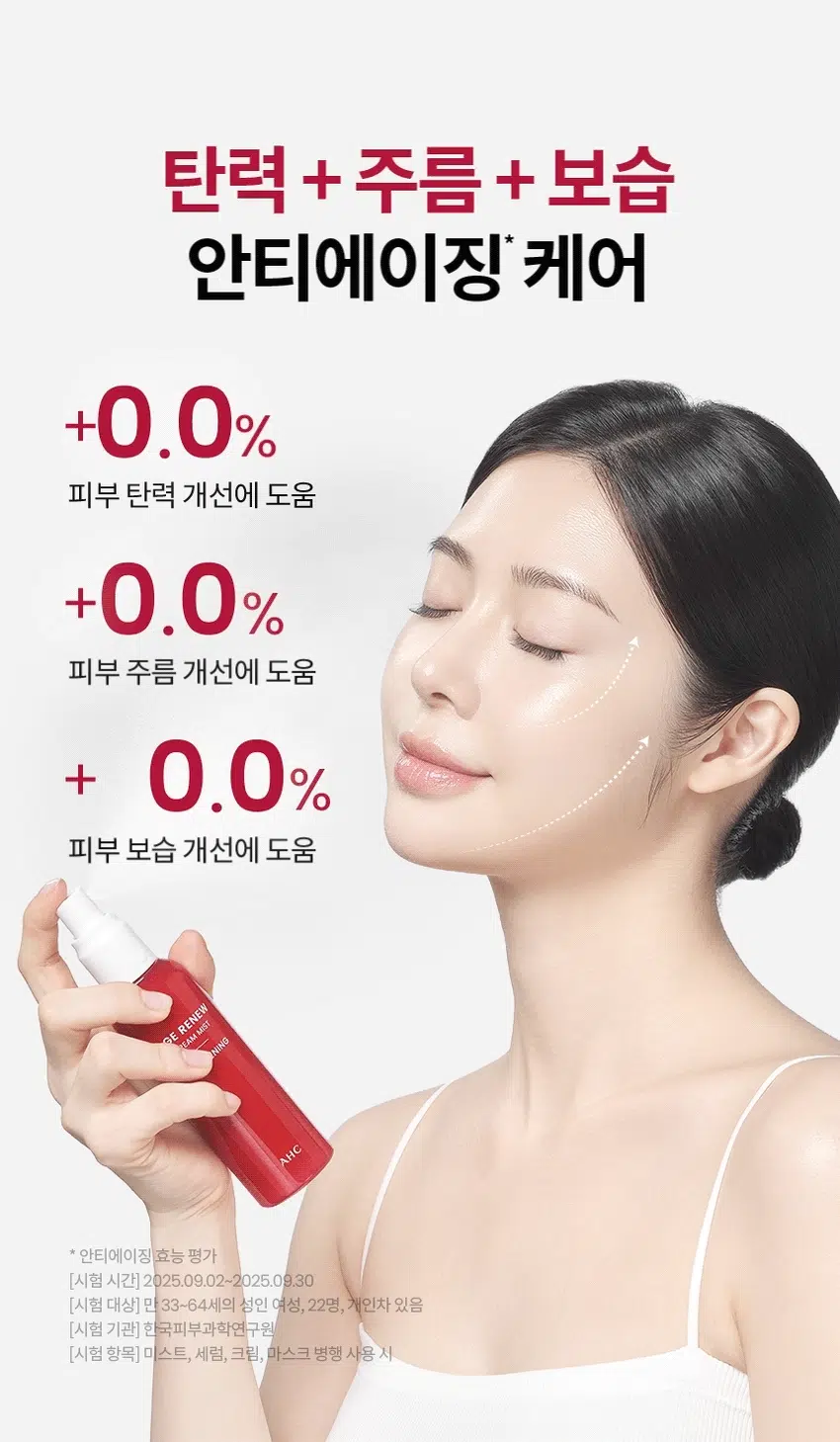 AGE RENEW  
AHC가 선사하는  
안티에이징 스킨 케어  
₩1,000  
AGE RENEW  
DUAL TENSION MASK  
TIGHTENING  
AGE RENEW  
TIGHTENING  
AGERENEW  
AGE RENEW  
AHC  
AHC AHC TIGHTENING  
AHC  
AHC  
AHC AGE RENEW CREAM MIST TIGHTENING  
에이지 리뉴  
크림 미스트 타이트닝  
#안티에이징미스트 #항산화안티에이징 #보습탄력미스트  
미백 주름개선 이중기능성 화장품  
NEW  
AGE RENEW  
CREAM MIST  
TIGHTENING  
히비스커스 꽃의  
에너지를 담은  
항산화 안티에이징  
크림 미스트  
항산화 invitro 효능 평가  
[시험 시간]2025.08.25~2025.09.10 [시험 대상] invitro DPPH radical 소거활성  
[시험 기관] 피엔케이피부임상연구센타(주)  
어떤 피부 고민이  
있으신가요?  
거울을 볼 때 피부 탄력이  
떨어지고 처진 느낌이 들 때  
눈가 이마 팔자주름 등에서  
잔주름이 점점 깊어질 때  
메이크업이 들뜨거나  
각질이 부각될 때  
피부 톤이 칙칙해지고 생기가  
없어 보일 때  
다양한 피부 노화 고민을 가진  
테스트 사용자들의 선택  
Point 01  
뿌리는  
보습 안티에이징  
보습 크림을 미스트로 오래도록 촉촉하게  
AGE RENEW  
CREAM MIST  
TIGHTENING  
Point 02  
피부를 탄탄하고  
윤기있게 케어  
콜라겐 히비스커스 꽃 추출물  
AGE RENEW  
CREAM MIST  
TIGHTENING  
HOW TO USE  
세라마이드를 함유한 고운 입자의 미스트를  
세안 후 건조함이 느껴질 때마다 수시로 뿌려줍니다  
집중 보습 레이어링 케어  
미스트로 수분을 공급한 뒤 세럼으로 영양을 채우고  
한번 더 크림 미스트로 보습 막을 만들어  
오래가는 보습과 영양감을 느껴보세요  
-1000 国  
AGERENEW  
AHC  
피부 고민 집중케어  
토탈안티에이징 리추얼  
STEP1 STEP2 STEP3 STEP4 STEP5  
탄력&리프팅 퍼밍 탄력&보습  
에이지리뉴 에이지 리뉴 에이지 리뉴 에이지리뉴 에이지리뉴 에이지리뉴 에이지리뉴  
크림미스트 세럼 아이크림 아이크림 아이크림 크림 듀얼텐션마스크  
타이트닝 타이트닝 퍼밍 링클 하이드레이션 타이트닝 타이트닝  
사용 Tip  
스킨케어 첫 단계에서 스킨/토너 대신 사용 가능합니다  
피부가 건조할 때마다 수시로 얼굴 전체에 가볍게 분사해 주세요  
AHC  
전문적인 피부 개선  
인체적용시험으로 입증된 더마 사이언스  
지속적인 아름다움을 위한 에스테틱  
AHC 에이지 리뉴 크림 미스트 타이트닝 100ml  
Clinical Test  
안티에이징효과(피부 탄력 피부 주름 피부 보습개선에 도움)  
한국피부과학연구원 2025.09.02~2025.09.30 만33~64세 성인 여성 22명 볼 눈가 4주 개인차있음  
(미스트 세럼 크림 마스크 병행 사용 시)  
항산화 in vitro 효능 평가  
피엔케이피부임상연구센타(주) 2025.08.25~2025.09.10 in vitro DPPH radical 소거활성  
피부 일차자극 테스트 완료  
한국피부과학연구원 2025.09.08~2025.09.11 만24~64세 성인 31명 첩포 제거 후 30분/24시간/48시간 후 등부위 개인차 있음  
본상품 정보(상품 상세 상품 설명 등)의 내용은 협력사가 직접 작성한 것입니다  
상품정보제공 고시  
제품명 에이 에이치 씨 에이지 리뉴 크림 미스트 타이트닝  
용량 또는중량 100ml  
제품 주요 사양 모든 피부용  
사용기한 또는개봉후사용기간 개봉전36개월/개봉 후12개월  
사용법 ·사용 전가볍게 흔든 뒤 얼굴에서 10~20cm 정도 거리를 둔 상태에서 눈을 감고 얼굴 전체에 고르게 분사한 후 가볍게 눌러 흡수시켜 줍니다  
·피부에 건조함을 느낄 때마다 얼굴 전체에 가볍게 분사해 줍니다  
제조업자 및 책임판매업자 화장품제조업자: 코스맥스(주)  
화장품책임판매업자:(주)카버코리아  
제조국 대한민국  
전성분 정제수 글리세린 부틸렌글라이콜 프로판다이올 나이아신아마이드 쌀겨오일 다이페닐다이메티콘 페녹시에탄올 판테놀 트라이에틸헥사노인 카프릴릭/카프릭트라이글리세라이드 폴리글리세릴-10라우레트 차이드록시에틸우레마 하이드로제네이티드레시틴 카드릴릴글라이콜 에틸헥실글리세린 1 2-헥산다이올 아데노신 향료 카보머 소듐파이테이트 트로메타민 세라마이드엔피 히비스커스꽃추출물 콜라겐 사이아노코발라민 황색5호 (CI 15985) 황색4호 (CI 19140) 토코페롤  
기능성화장품 미백 주름개선 이중기능성 화장품  
화장품법 화장품법에 따른 기능성 화장품 심사를 필함  
효능성분 나이아신아마이드 아데노신  
사용할때의 주의사항 1 화장품 사용 시또는 사용 후 직사광선에 의하여 사용부위가 붉은 반점 부어오름 또는 가려움증 등의 이상 증상이나 부작용이 있는 경우에는 전문의 등과 상담할 것  
2 상처가 있는 부위 등에는 사용을 자제할 것  
3 보관 및 취급 시 주의사항  
1) 어린이의 손이 닿지 않는 곳에 보관할것  
2)직사광선을 피해서 보관할 것  
4 눈 주위를 피하여 사용할 것  
5 화장품이 눈에 들어갔을 때에는 물로 씻어내고 이상이 있는 경우에는 전문의와 상담할 것  
품질보증기준 본 상품에 이상이 있을 경우 공정거래위원회 고시 '소비자분쟁해결 기준'에 의해 교환 또는 보상해 드립니다  
소비자 상담 전화번호 구매처 또는 080-332-0855