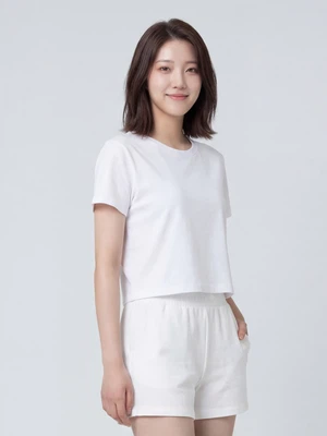 베이직하우스 플러스+ 면20수 레귤러핏 크롭 라운드 반팔티 100 화이트